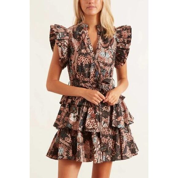 Ulla Johnson Honoria Ruffle Tie Waist Mini Dress in Bronze 4 - Picture 1 of 10
